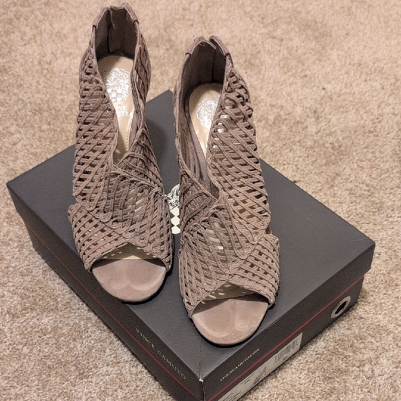 Vince Camuto Shoes - Vince Camuto Taupe Woven Peep-Toe Heels